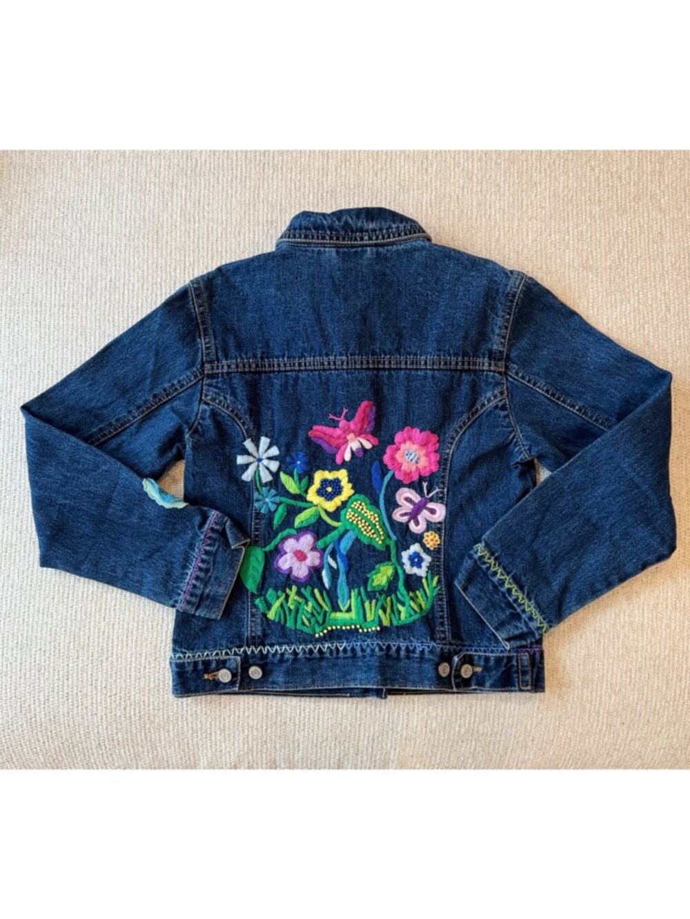 Vintage Y2K Gap Kids Girls Large Embroidered Denim Jacket Flowers Butterflies